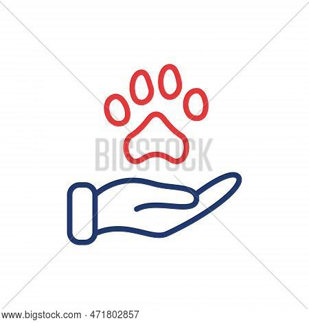 Animal Paw And Human Hand Linear Icon. Animal Donation, Care And Protection Concept. Adoption Of Pet