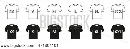 T-shirt Size Black Silhouette And Line Icons Set. Human Clothing Size Label. Man Or Woman T-shirt Si