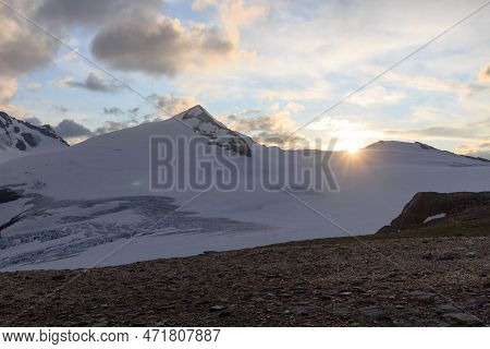 Mountain Snow Panorama And Summit Johannisberg (high Tauern) During Sunset In Glockner Group, Austri