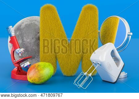 Kids Abc, Fluffy Letter M With Moon, Microscope, Mirror, Mixer, Mango. 3d Rendering On Blue Backgrou