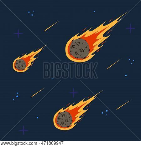 Flying Asteroid, Burning Comet On Background Of Night Sky. Astronomical Object With Tail Vector Desi