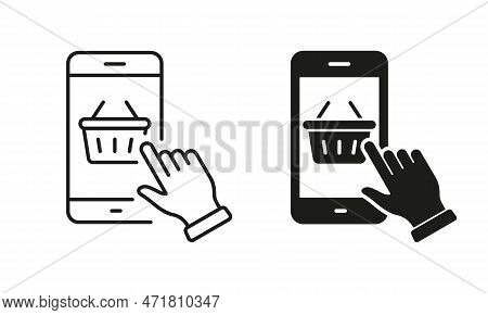 Online Shop In Mobile App Silhouette And Line Icon Set. Basket And Cellphone Pictogram. Smartphone A