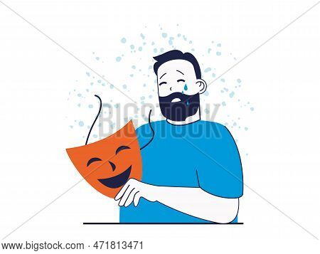 Mental Health Concept With Character Situation. Sad Crying Man Wear Smile Mask To Hiding His Depress