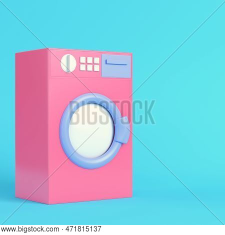 Pink Washing Mashine On Bright Blue Background In Pastel Colors. Minimalism Concept. 3d Render
