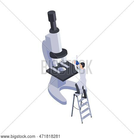 Future Technology Isometric Icon With Microscope And Tiny Character Holding Laboratory Flask Vector 