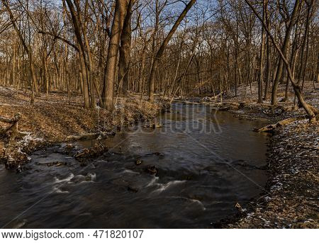 Hammel Creek Flows Through A Winter Forest After A Dusting Od Snow, Hammel Woods Forest Preserve, Wi