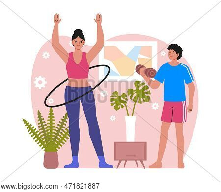 Family Doing Sports Concept. Smiling Woman Mother Doing Fitness Or Exercising Together With Her Teen