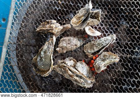 Grilled Fresh Oyster In Taiwan, Famous Street Food.