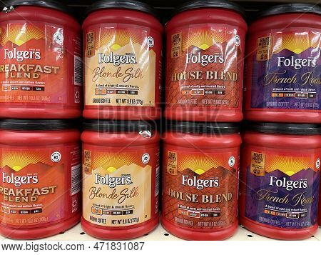 Grovetown, Ga Usa - 09 03 22: Grocery Store Folgers Coffee Canisters Various