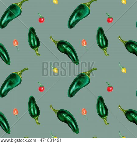 Jalapeno And Little Peppers. Watercolor Seamless Pattern Isolated On Grey.