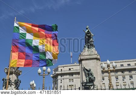 Buenos Aires, Argentina, Sept 21, 2021: Wiphala Flag Waving In The Sun At The Congress Square, Is An