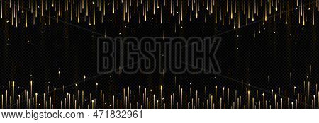 Golden Meteor Fall Vector Frame On Black Background. Gold Rain Veil With Light Effect Holiday Magic 