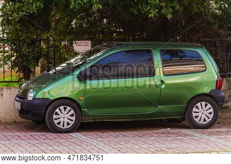Side, Turkey -january 21, 2023:    Green Renault Twingo  , Side   View,  Is Parked  On The Street On