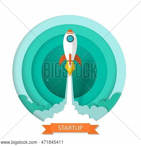 Space Rocket Launch To The Sky In Startup Concept Of Business Or Project. Vector Illustrator Paper A