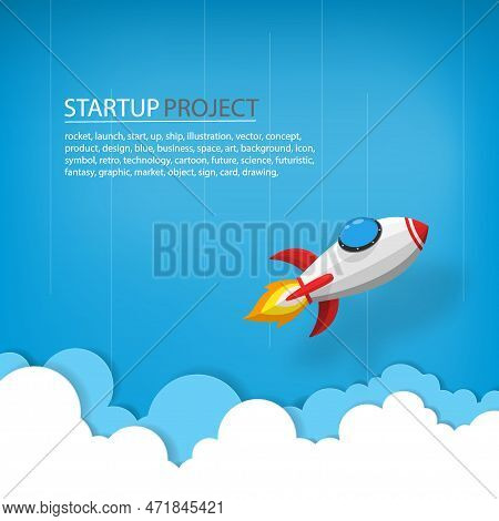 Spaceship Or Rocket Launch Into The Sky Over The Clouds. Vector Paper Art In Business Concept.
