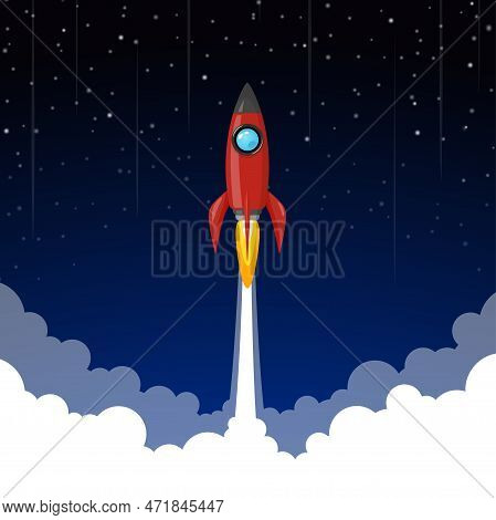 Space Rocket Launch To The Night Sky, Stars And Clouds On Background.