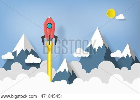 Space Rocket Launch To The Sky, Mountains And Clouds On Background. Vector Illustrator Paper Art