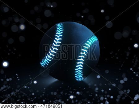 3d Rendering Of Single Black Baseball Ball With Blue Glowing Neon Lines With Abstract Lights
