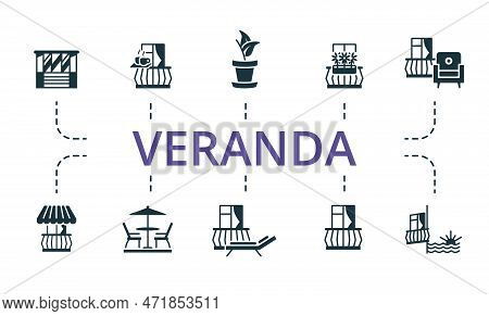 Veranda Set Icon. Editable Icons Veranda Theme Such As Balcony Furniture, Chaise Lounge, Awning And 
