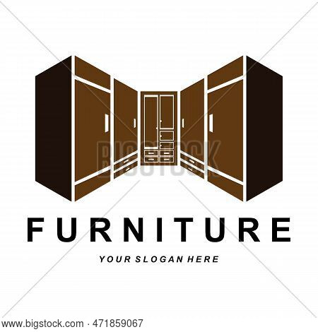 Wardrobe Logo Design, Furniture Clothes Place Illustration, Wood Craft Company Brand Icon Vector