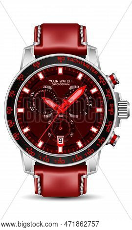 Realistic Silver Black Watch Chronograph Red Face Leather Strap On White Backgrounddesign For Men Fa