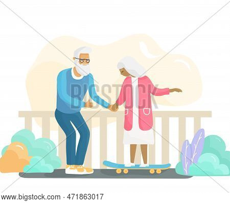 Grandparents Trying Riding A Skateboard. Funny Seniors Skateboarding. Active Couple Of Silver Genera