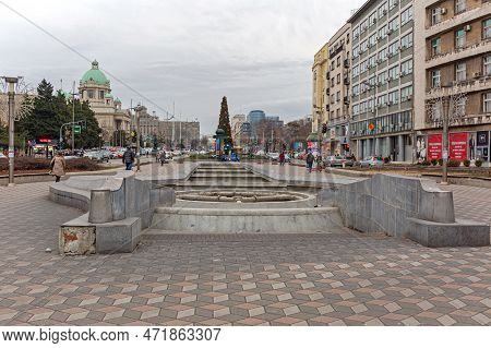 Belgrade, Serbia - February 6, 2017: Empty Fountain Structure Landmark At Nikola Pasic Square Cold W