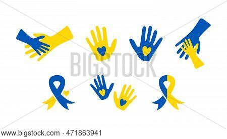 Set Of Blue Yellow Helping Hand With Heart, Ribbon Icons. World Down Syndrome Day. Vector Elements I