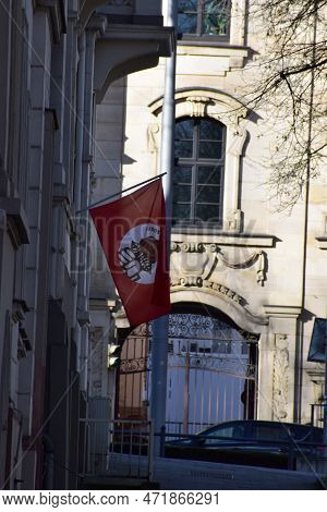 Wiesbaden, Germany - 02 25 2023: Political Flag Of A Socialist Party At An Elegant House