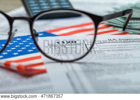 Income Tax With Instruction. Tax Payment And Filing Concept. 2022 Tax Return Form 1120 With Calculat