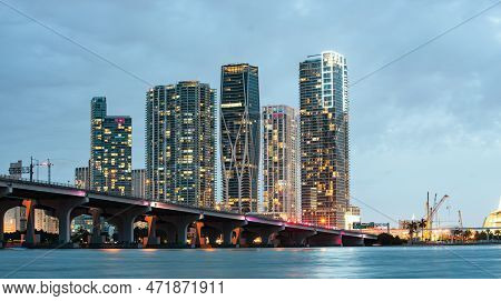 Florida Miami Night City Skyline. Usa Downtown Skyscrappers Landscape, Twighlight Town.