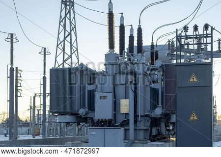 View Of The Electrical Substation. Electrical Substation With Transformers. High Voltage Electrical 