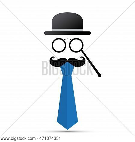 Black Mustache, Lorgnette, Hat And Blue Tie On White Background
