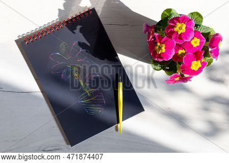 Scratch Painting Paper With Flower On It And Flower Pot.