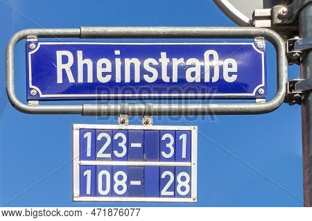 Old Enamel Street Name Sign Rheinstrasse - Engl:  River Rhine Street - In Wiesbaden, Germany.