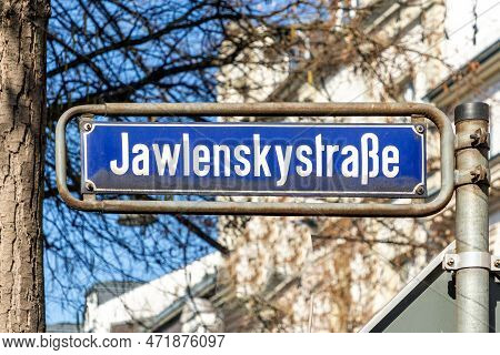 Old Enamel Street Name Sign Jawlenskistrasse - Engl:  Street Of Jawlwnski - In Wiesbaden, Germany.