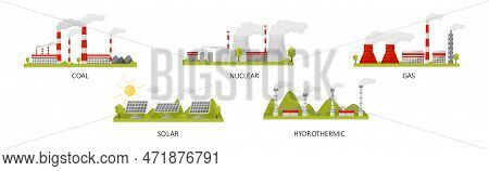 Natural Resources With Coal, Nuclear, Gas, Solar And Hydrothermic Power Plant Vector Set