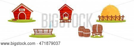 Farm Object With Dog House, Coop, Hay Stack, Water Basin And Wooden Barrel Vector Set