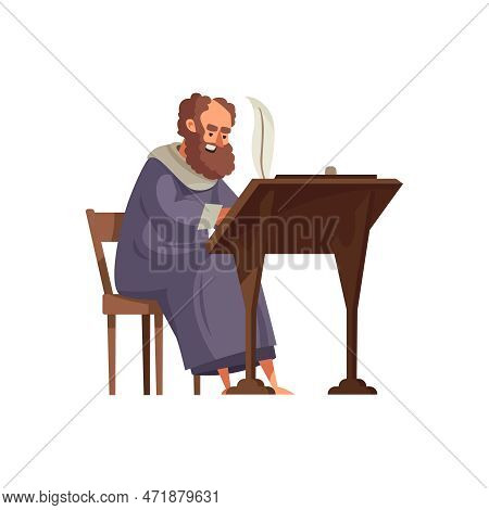 Cartoon Icon Of Bearded Medieval Annalist Writing With Feather Vector Illustration