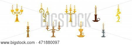 Burning Candles In Candlesticks And Vintage Candle Holders And Candelabrums Vector Set