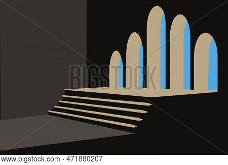 Archways In A Huge Public Building And Immense Stair Steps Are Seen In The 3-d Illustration Backgrou