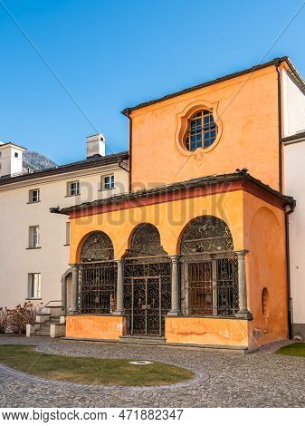 Poschiavo, Switzerland - January 19, 2022: Ossuary Of Poschiavo In Canton Graubunden - Grisons