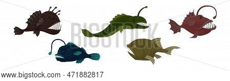 Fish Of The Deep Blue Sea With Toothy Lanternfish Vector Set