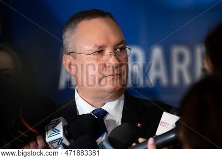 Bucharest, Romania - February 09, 2023: Romanian Prime Minister Nicolae Ciuca Speaks To The Press Du