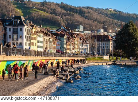 Zug, Switzerland - December 31, 2021: City Promenade In Zug, Switzerland