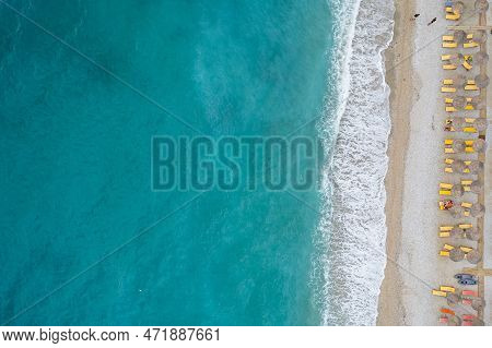Straight Down View On Parasols And Beach By Bunec Beach Area In Summer 2022, Albania
