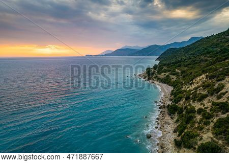 Aerial View Of Sunset Of Bunec Beach Area In Summer 2022, Albania