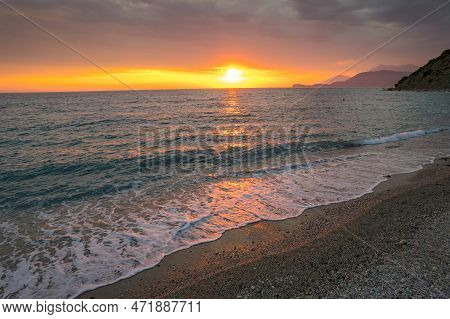 Aerial View Of Sunset Of Bunec Beach Area In Summer 2022, Albania