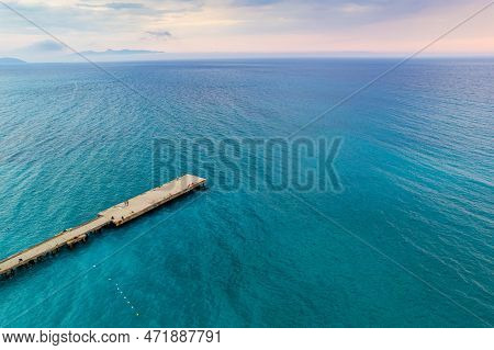 Aerial View Of Bunec Beach Area With Concrete Pier In Summer 2022, Albania