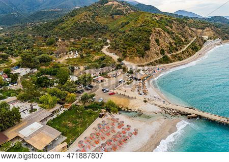 Aerial View Of Bunec Beach Area With Concrete Pier In Summer 2022, Albania